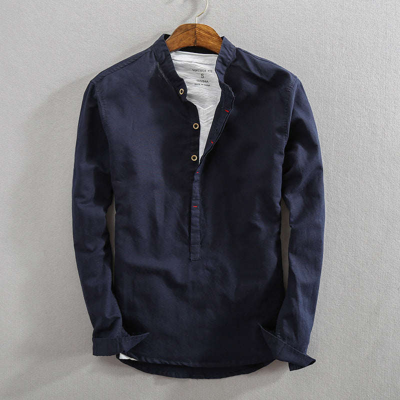 Men's Linen Cotton Stand Collar Pullover Shirt