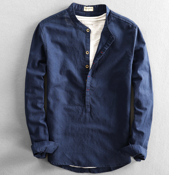 Men's Linen Cotton Stand Collar Pullover Shirt