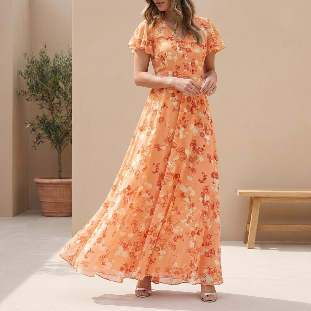 Floral Pleated Ruffled Flowing Fit Maxi Dress for Women – Elegant Stylish Comfort