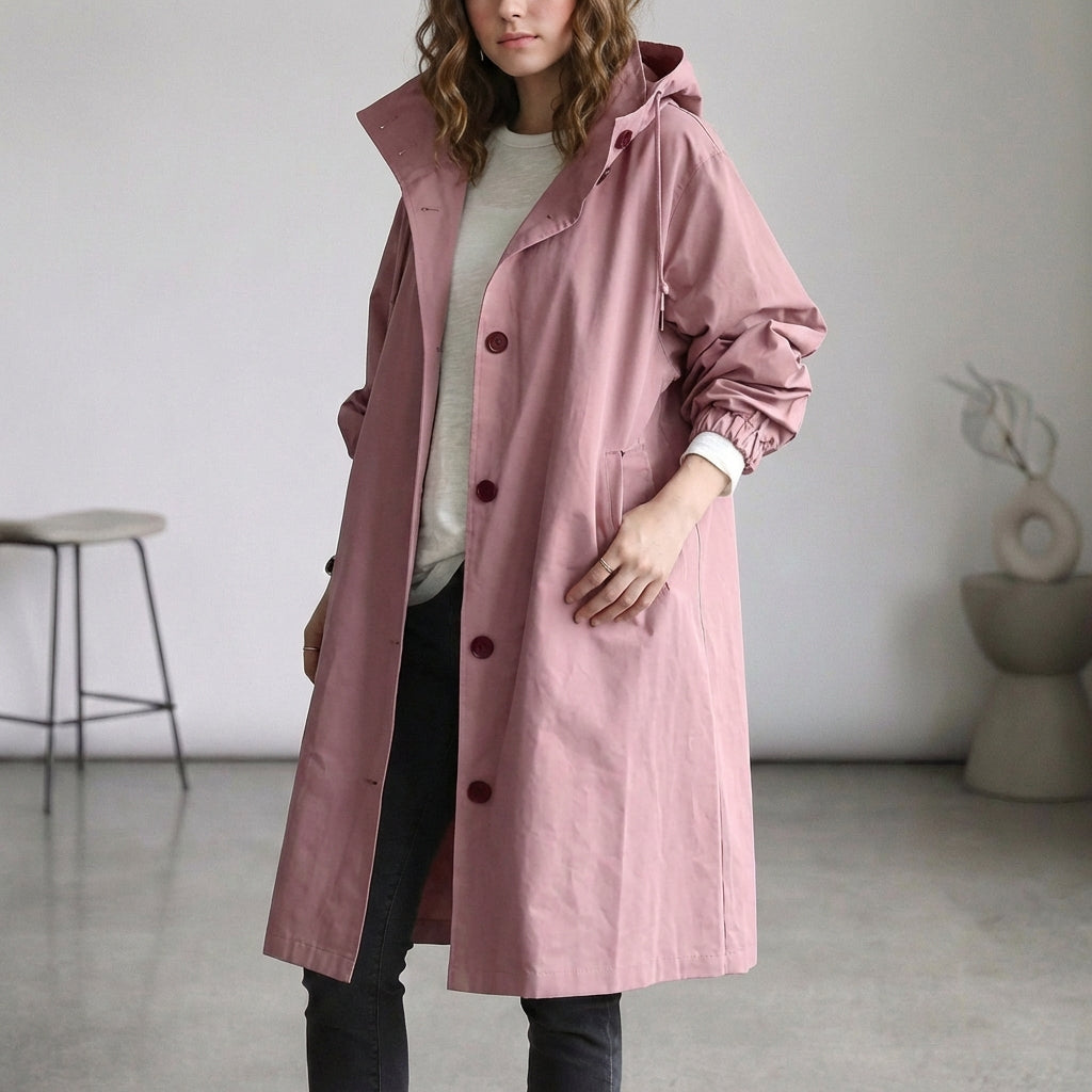 Relaxed Fit Mid-Calf Hooded Trench Coat for Women – Casual Style & Comfort