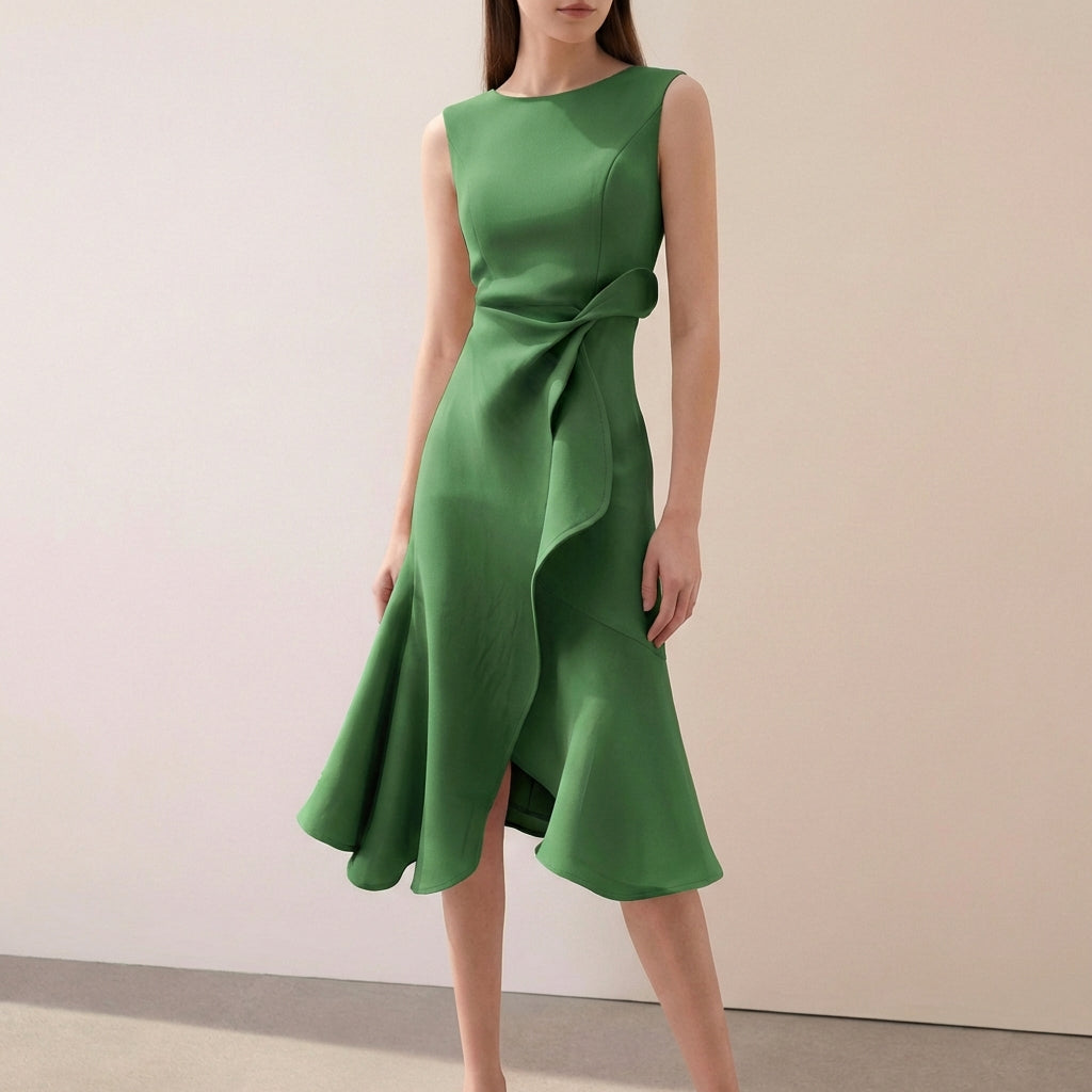 Ruffled Knot Detail Irregular Hem Midi-Length A-Line Dress for Women – Elegant Stylish Design