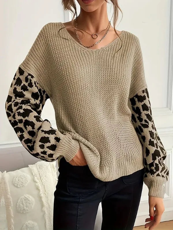 Amelia Leopard Print Relaxed Fit Knit Sweater | V-Neck Balloon Sleeve Sweater