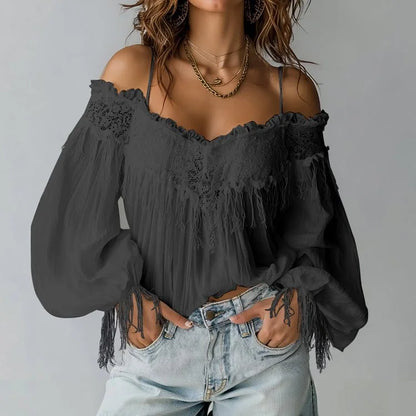 Lace Cold Shoulder Ruffled Lantern Sleeve Blouse for Women – Bohemian Chic Comfort