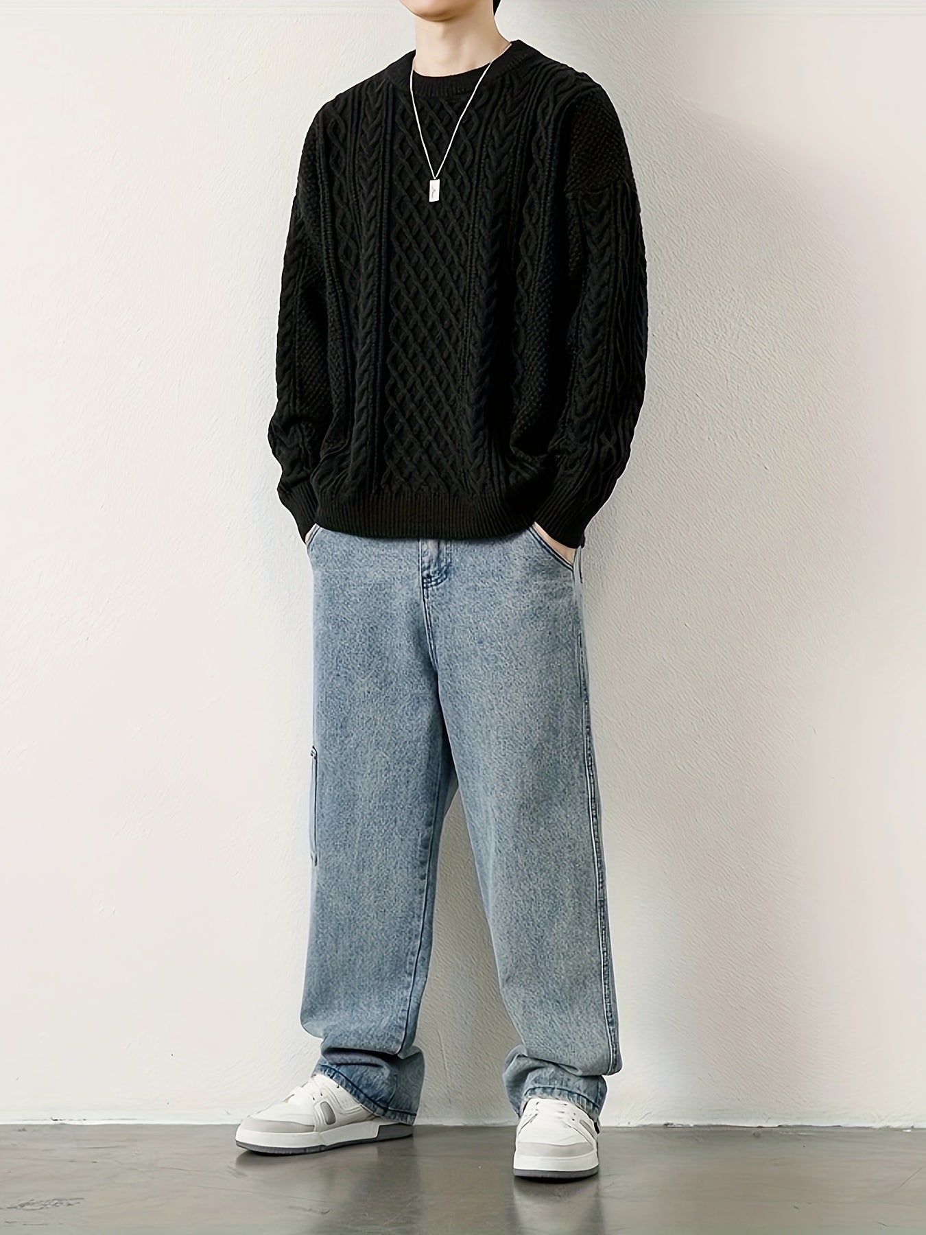 Joshua Relaxed Fit Crewneck Sweater | Cable Knit Ribbed Cuffs Sweater