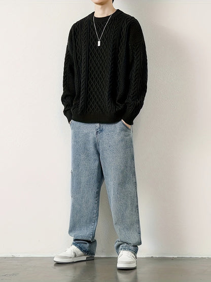 Joshua Relaxed Fit Crewneck Sweater | Cable Knit Ribbed Cuffs Sweater