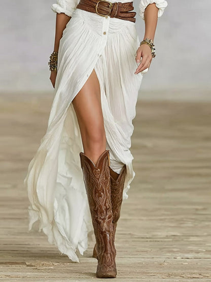 Pleated Belted Collared Maxi Dress for Women – Elegant Casual Comfort