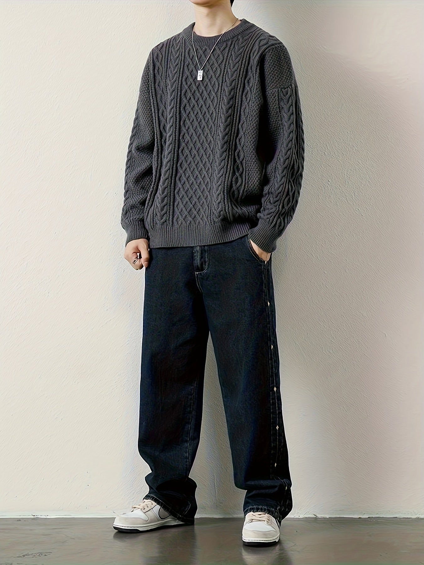 Joshua Relaxed Fit Crewneck Sweater | Cable Knit Ribbed Cuffs Sweater