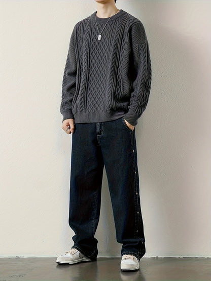 Joshua Relaxed Fit Crewneck Sweater | Cable Knit Ribbed Cuffs Sweater