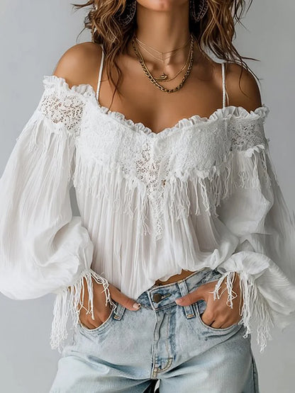 Lace Cold Shoulder Ruffled Lantern Sleeve Blouse for Women – Bohemian Chic Comfort
