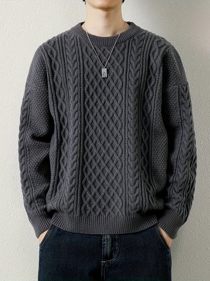 Joshua Relaxed Fit Crewneck Sweater | Cable Knit Ribbed Cuffs Sweater