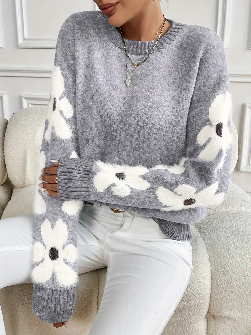 Freya Floral Crewneck Relaxed Fit Sweater | Ribbed Fuzzy Sweater