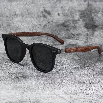 Theodore Matte Finish Wooden Arms Square Frame Sunglasses | Dark Lenses Sunglasses