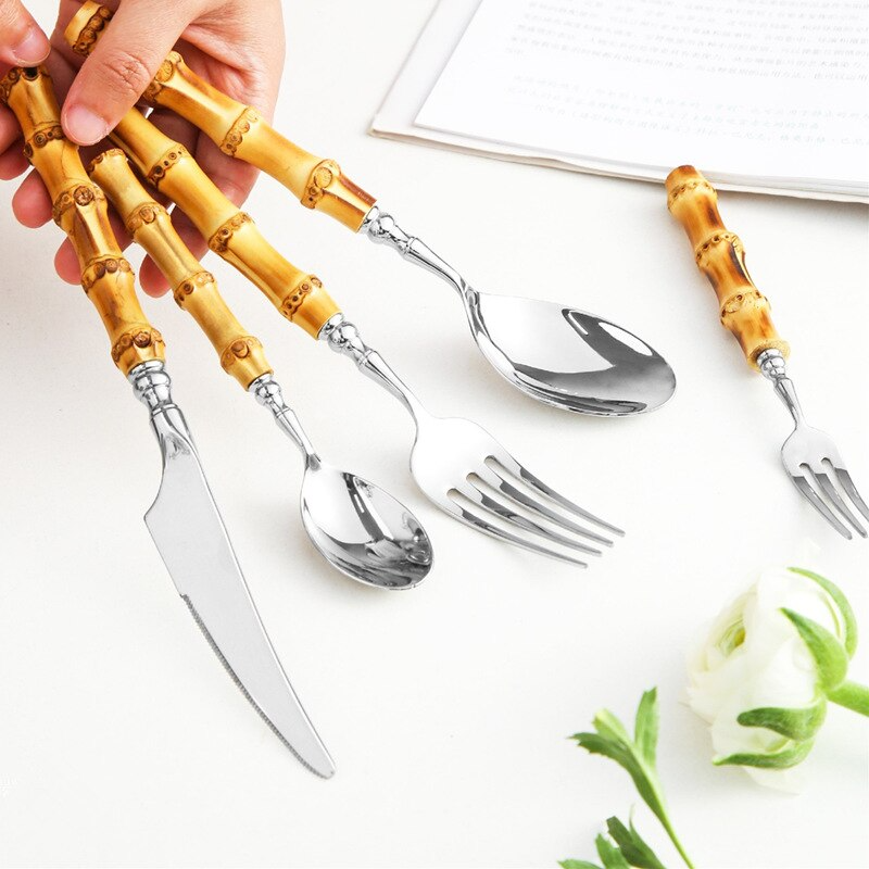 Cutlery Set with Bamboo Handles and Stainless Steel Finish