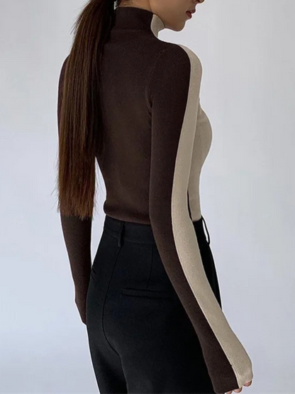 Stella Slim Fit Ribbed Contrast Turtleneck Sweater | Long Sleeve Hip-Length Sweater