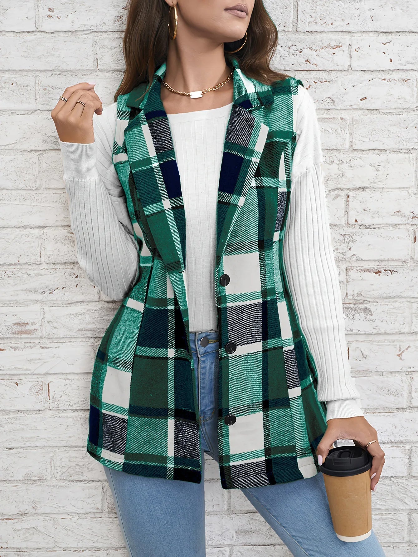 Viola Relaxed Fit Vest | Plaid Button Front Vest