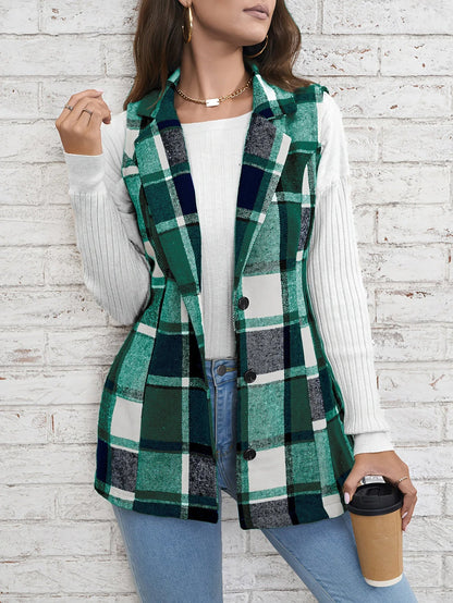 Viola Relaxed Fit Vest | Plaid Button Front Vest