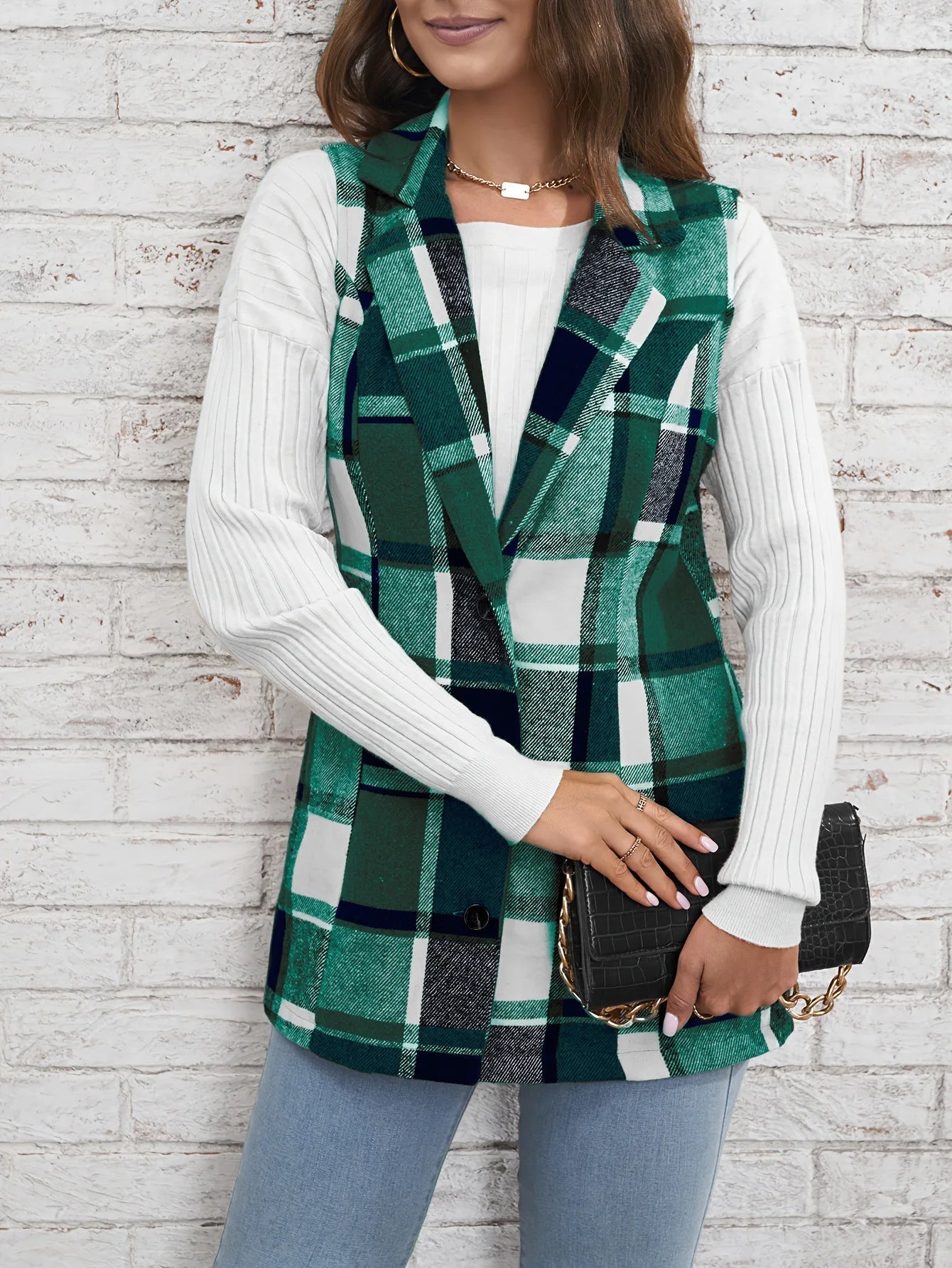 Viola Relaxed Fit Vest | Plaid Button Front Vest