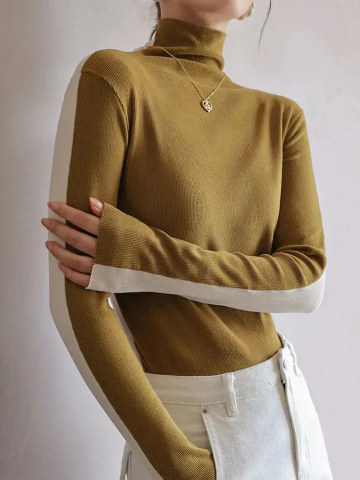 Stella Slim Fit Ribbed Contrast Turtleneck Sweater | Long Sleeve Hip-Length Sweater