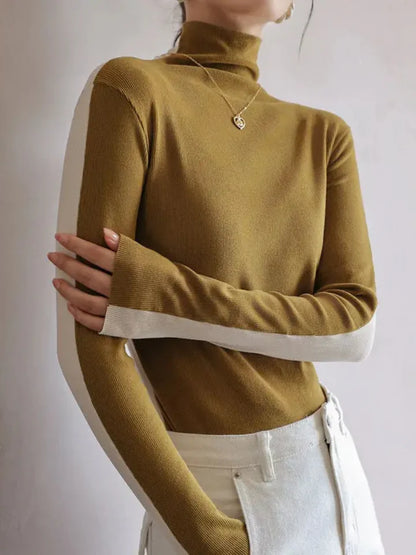 Stella Slim Fit Ribbed Contrast Turtleneck Sweater | Long Sleeve Hip-Length Sweater