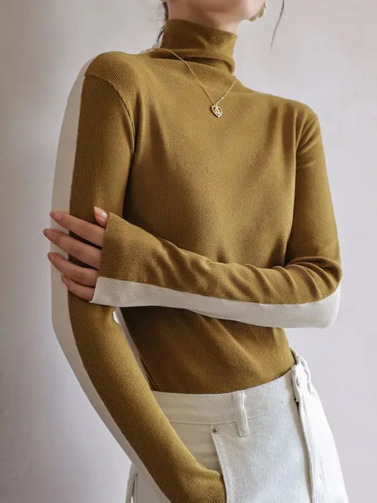Stella Slim Fit Ribbed Contrast Turtleneck Sweater | Long Sleeve Hip-Length Sweater