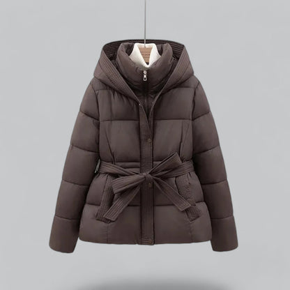 Isla Quilted Hooded Puffer Jacket | Belted Button Front Puffer Jacket
