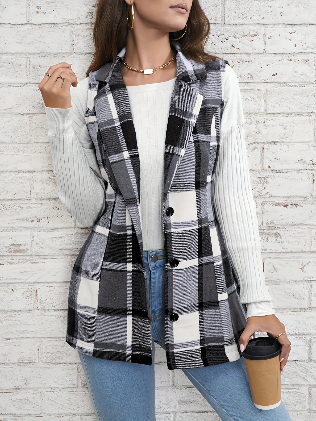 Viola Relaxed Fit Vest | Plaid Button Front Vest