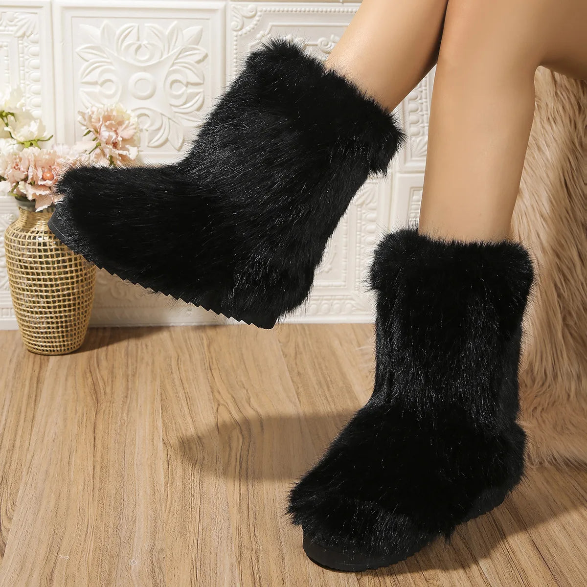 Ivy Furry Ankle Boots | Solid Ankle-Length Furry Ankle Boots