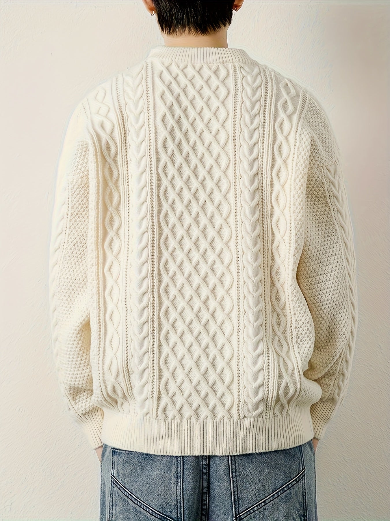 Joshua Relaxed Fit Crewneck Sweater | Cable Knit Ribbed Cuffs Sweater
