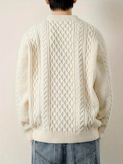 Joshua Relaxed Fit Crewneck Sweater | Cable Knit Ribbed Cuffs Sweater