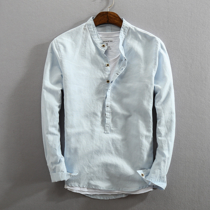 Men's Linen Cotton Stand Collar Pullover Shirt