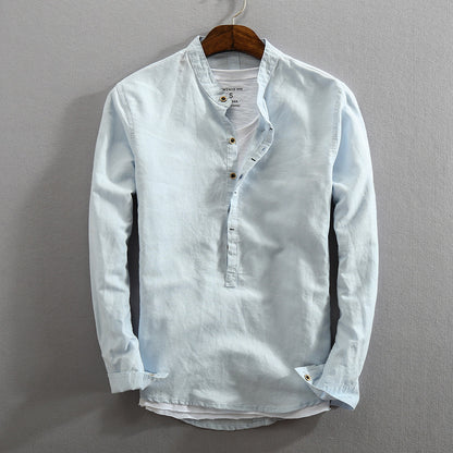 Men's Linen Cotton Stand Collar Pullover Shirt