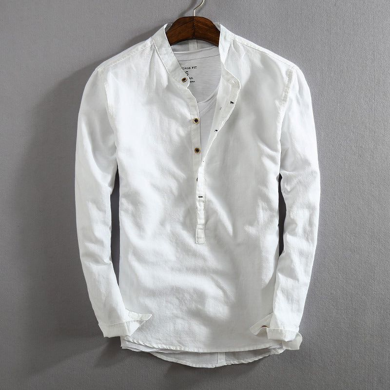 Men's Linen Cotton Stand Collar Pullover Shirt