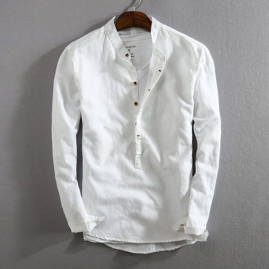 Men's Linen Cotton Stand Collar Pullover Shirt