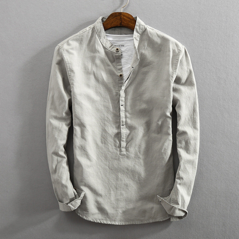 Men's Linen Cotton Stand Collar Pullover Shirt