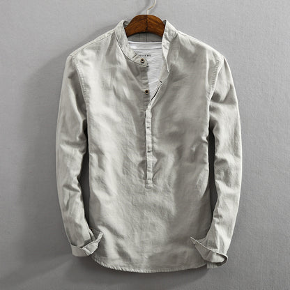 Men's Linen Cotton Stand Collar Pullover Shirt