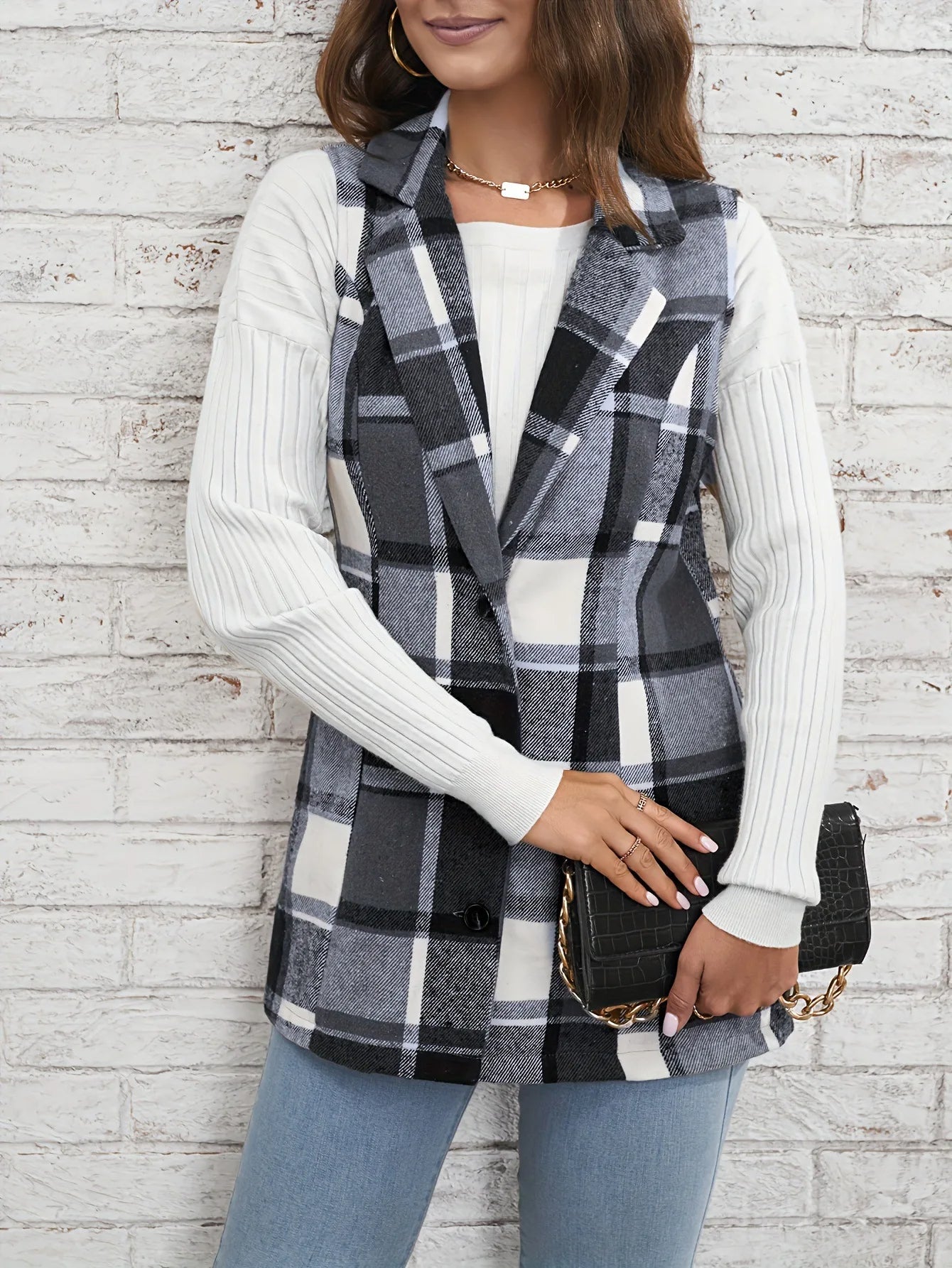 Viola Relaxed Fit Vest | Plaid Button Front Vest