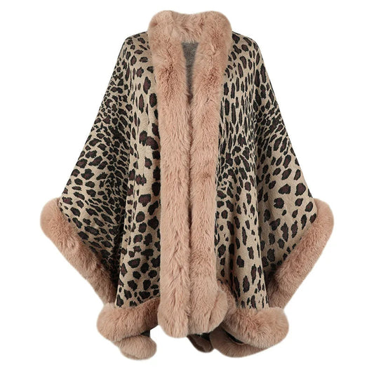 Isla Relaxed Fit Cape Shawl | Leopard Print Fur Trim Cape Shawl