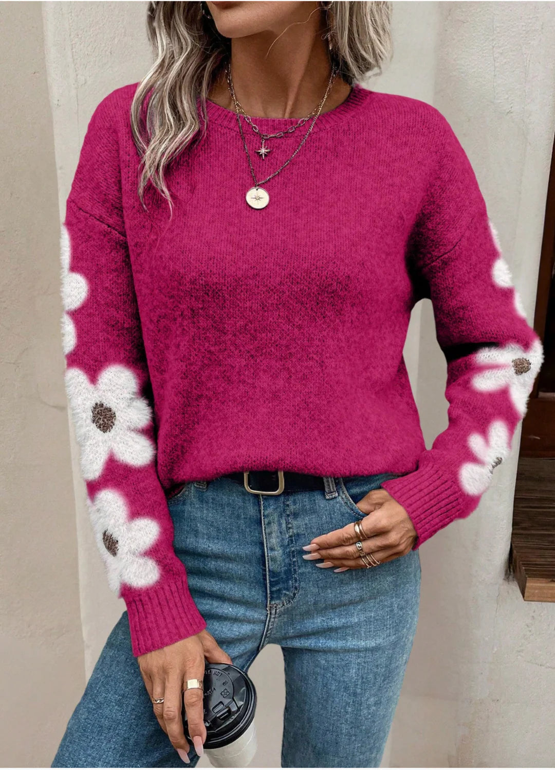 Freya Floral Crewneck Relaxed Fit Sweater | Ribbed Fuzzy Sweater