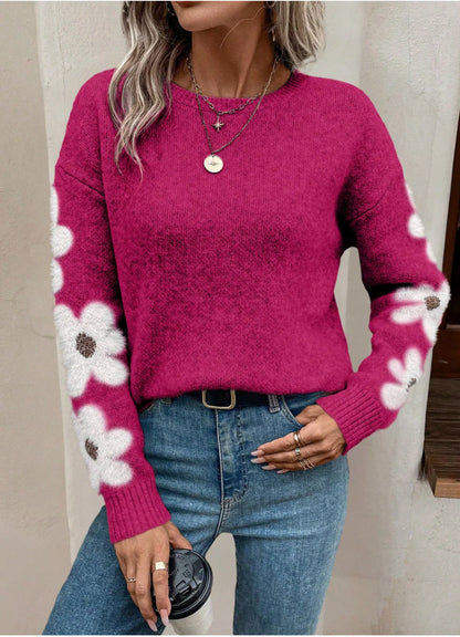 Freya Floral Crewneck Relaxed Fit Sweater | Ribbed Fuzzy Sweater