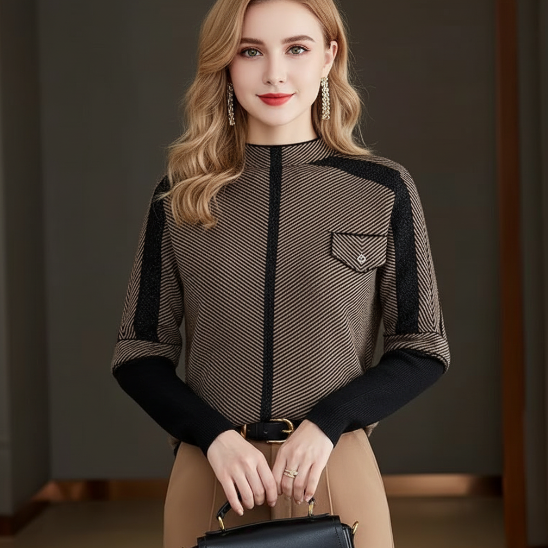 Isla Chevron Mock Neck Pullover Sweater | Color Block Patch Pocket Sweater