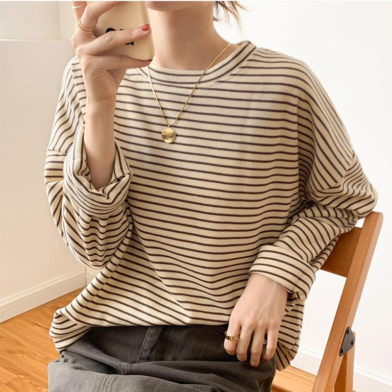 Sienna Relaxed Fit Long Sleeve Top | Striped Crewneck Top