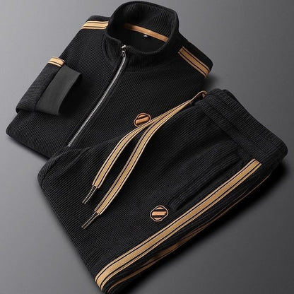 Jack Striped Relaxed Fit Track Jacket Set | Stand Collar Hip-Length Track Jacket