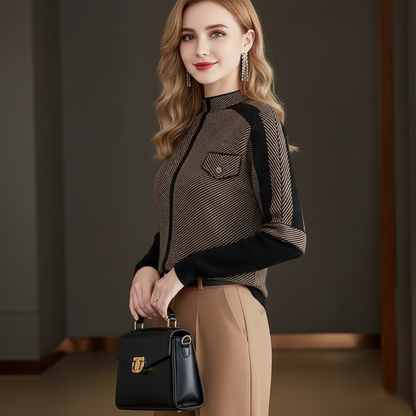 Isla Chevron Mock Neck Pullover Sweater | Color Block Patch Pocket Sweater