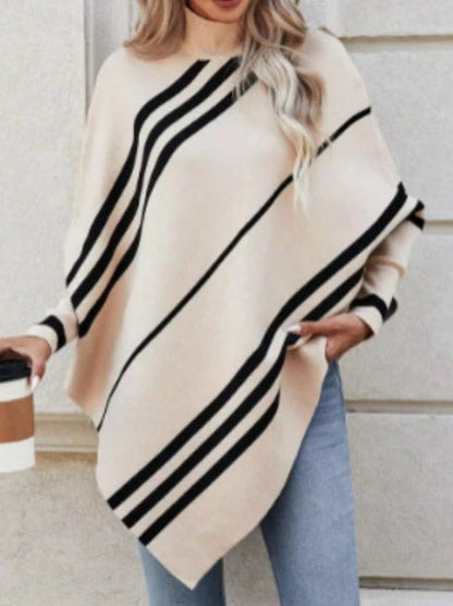 Isla Oversized Poncho Sweater | Striped Mock Neck Long Sleeve Poncho Sweater