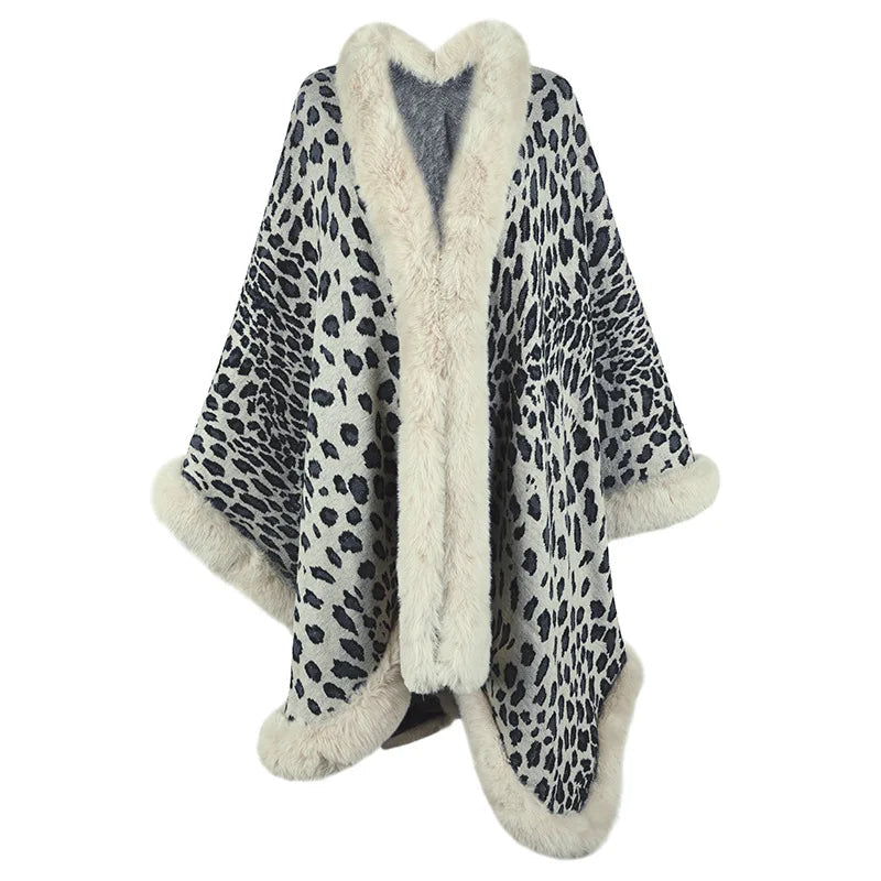 Isla Relaxed Fit Cape Shawl | Leopard Print Fur Trim Cape Shawl