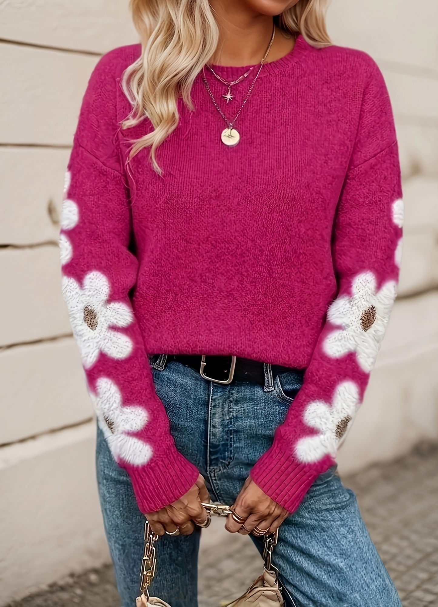 Freya Floral Crewneck Relaxed Fit Sweater | Ribbed Fuzzy Sweater