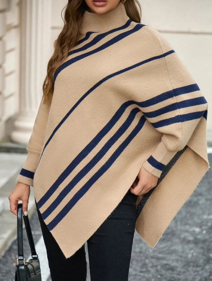 Isla Oversized Poncho Sweater | Striped Mock Neck Long Sleeve Poncho Sweater