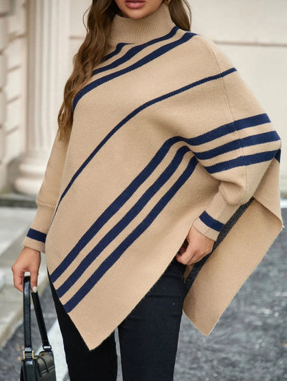 Isla Oversized Poncho Sweater | Striped Mock Neck Long Sleeve Poncho Sweater