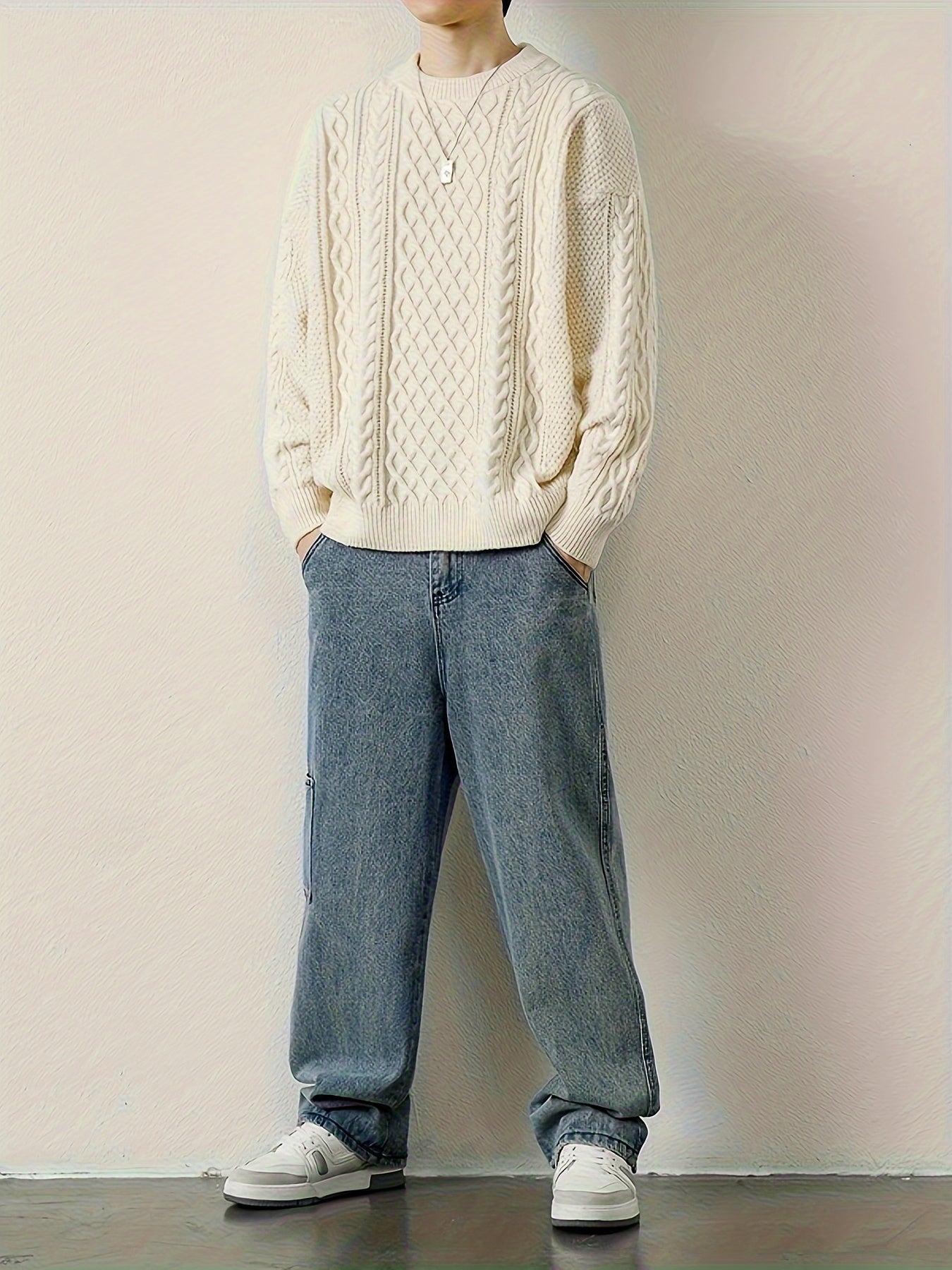 Joshua Relaxed Fit Crewneck Sweater | Cable Knit Ribbed Cuffs Sweater