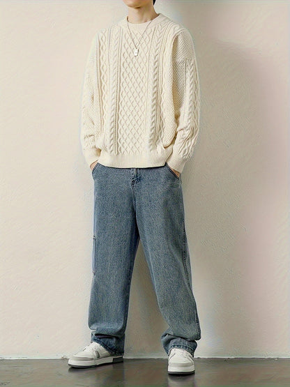 Joshua Relaxed Fit Crewneck Sweater | Cable Knit Ribbed Cuffs Sweater